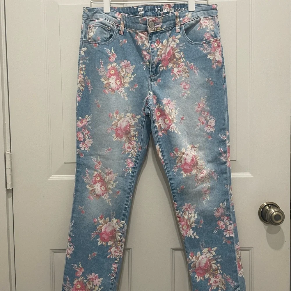 GAP Kid's Floral Light Denim Jeans, Soft Pink Vintage Flowers, Stretch, Raw Hem